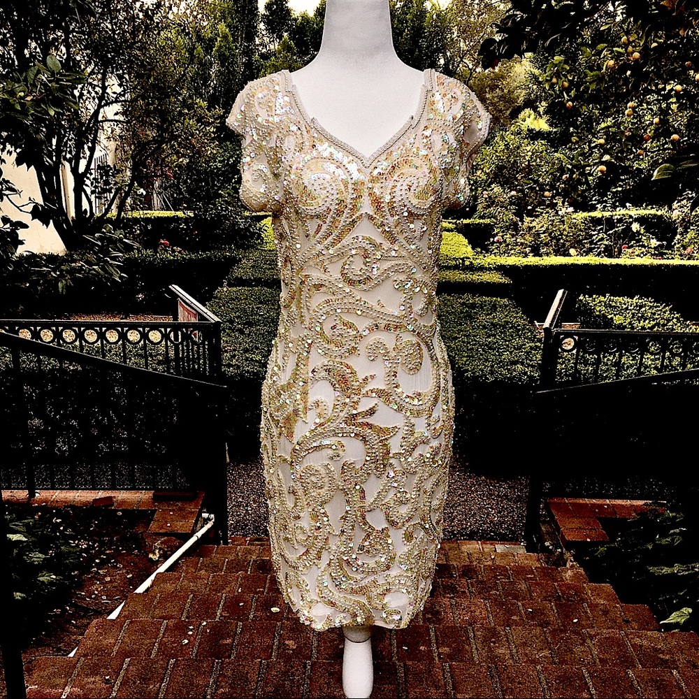 💕 Vintage 80s Ivory Sequin Formal Dress Womens 4